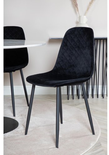 VENTURE DESIGN Estelle Esstisch-Set, mit 4 St&uuml;hlen &ndash; wei&szlig;er Marmor/schwarzes Metall und schwarzer Samt/schwarzes Metall