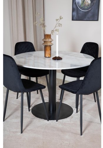 VENTURE DESIGN Estelle Esstisch-Set, mit 4 St&uuml;hlen &ndash; wei&szlig;er Marmor/schwarzes Metall und schwarzer Samt/schwarzes Metall