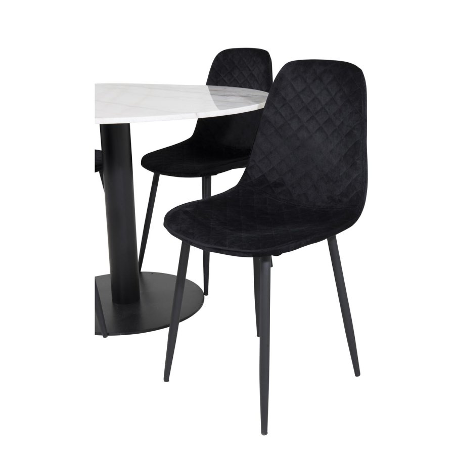 VENTURE DESIGN Estelle Esstisch-Set, mit 4 St&uuml;hlen &ndash; wei&szlig;er Marmor/schwarzes Metall und schwarzer Samt/schwarzes Metall