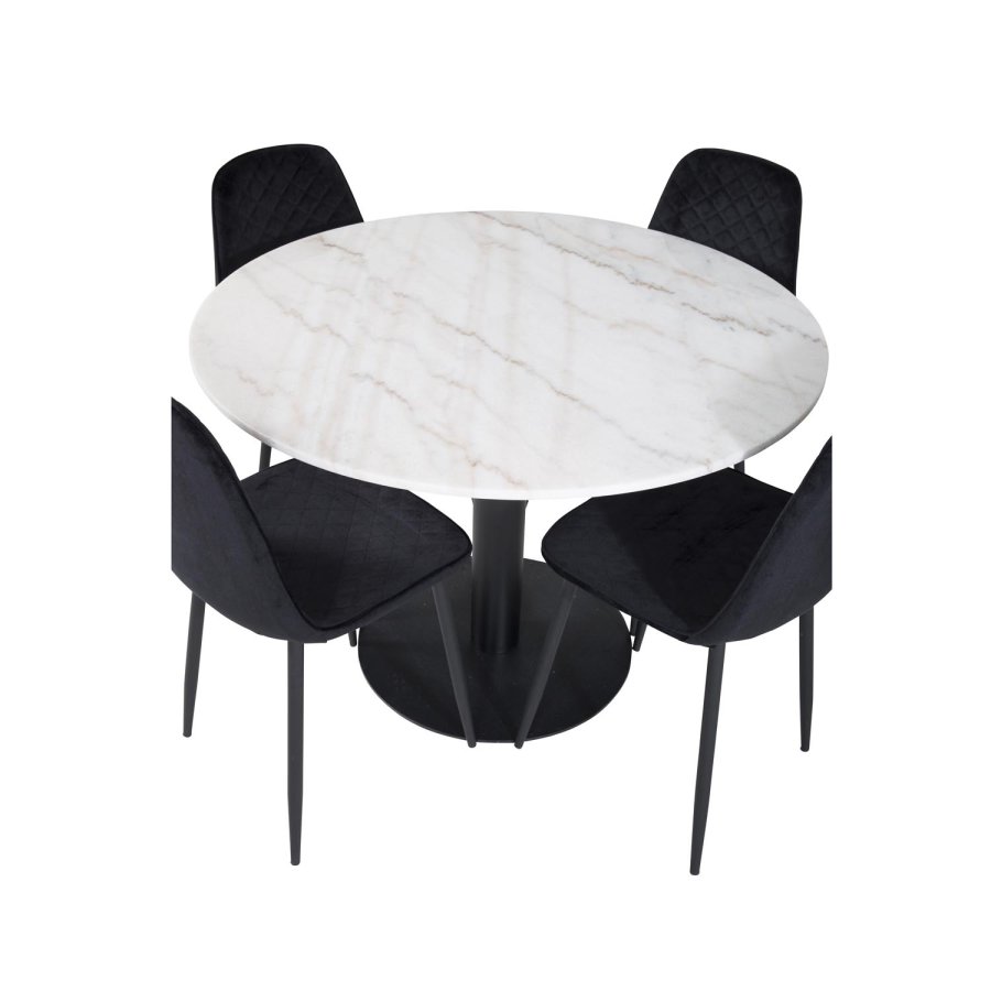 VENTURE DESIGN Estelle Esstisch-Set, mit 4 St&uuml;hlen &ndash; wei&szlig;er Marmor/schwarzes Metall und schwarzer Samt/schwarzes Metall