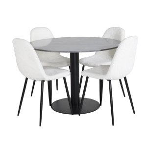 VENTURE DESIGN Estelle spisebordss�t, m. 4 stole - sort marmor, hvid bamsestof og sort metal