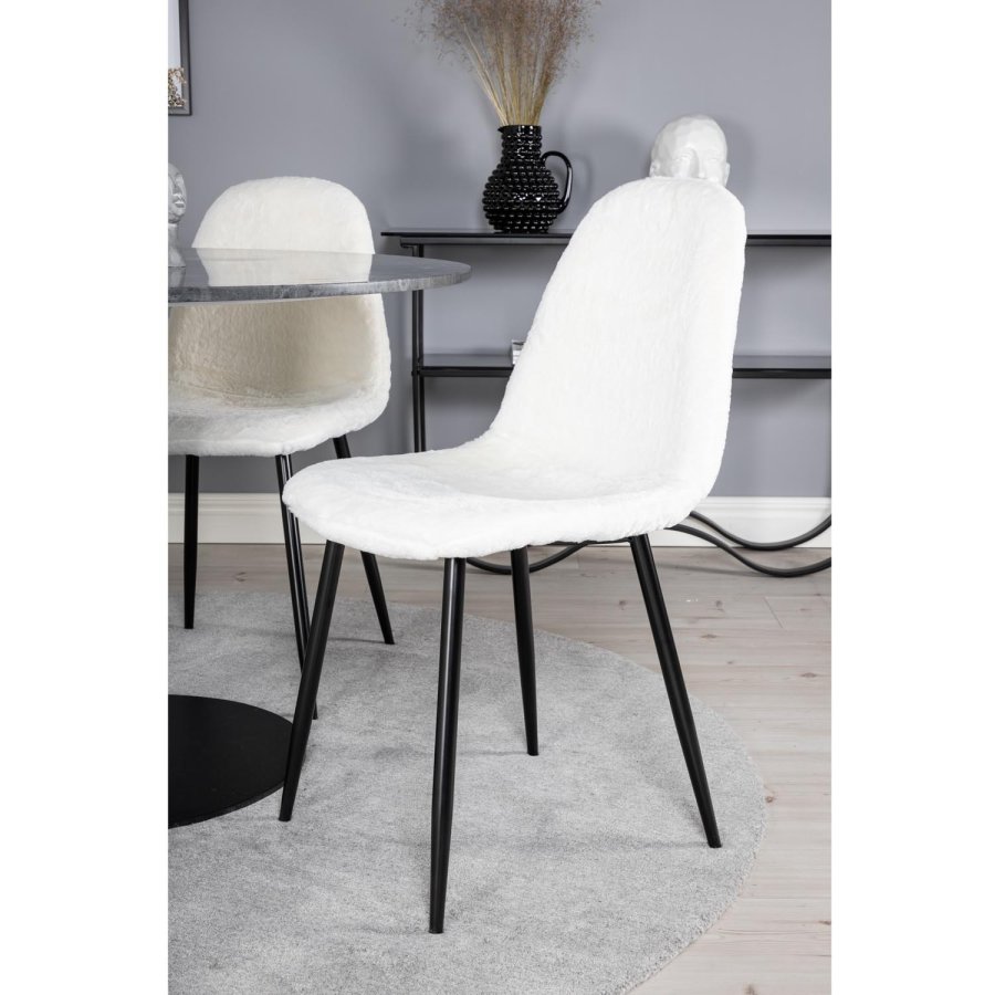 VENTURE DESIGN Estelle spisebordss�t, m. 4 stole - sort marmor, hvid bamsestof og sort metal