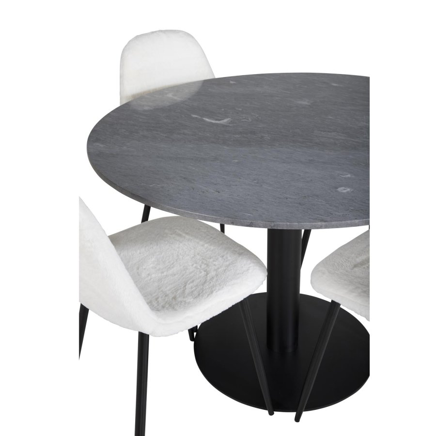 VENTURE DESIGN Estelle spisebordss�t, m. 4 stole - sort marmor, hvid bamsestof og sort metal