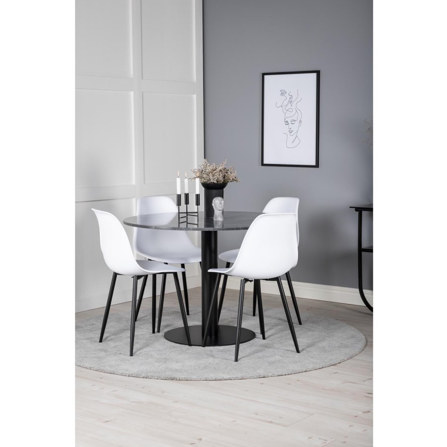 VENTURE DESIGN Estelle spisebordss�t, m. 4 stole - sort marmor/sort metal og hvid plastik/sort metal