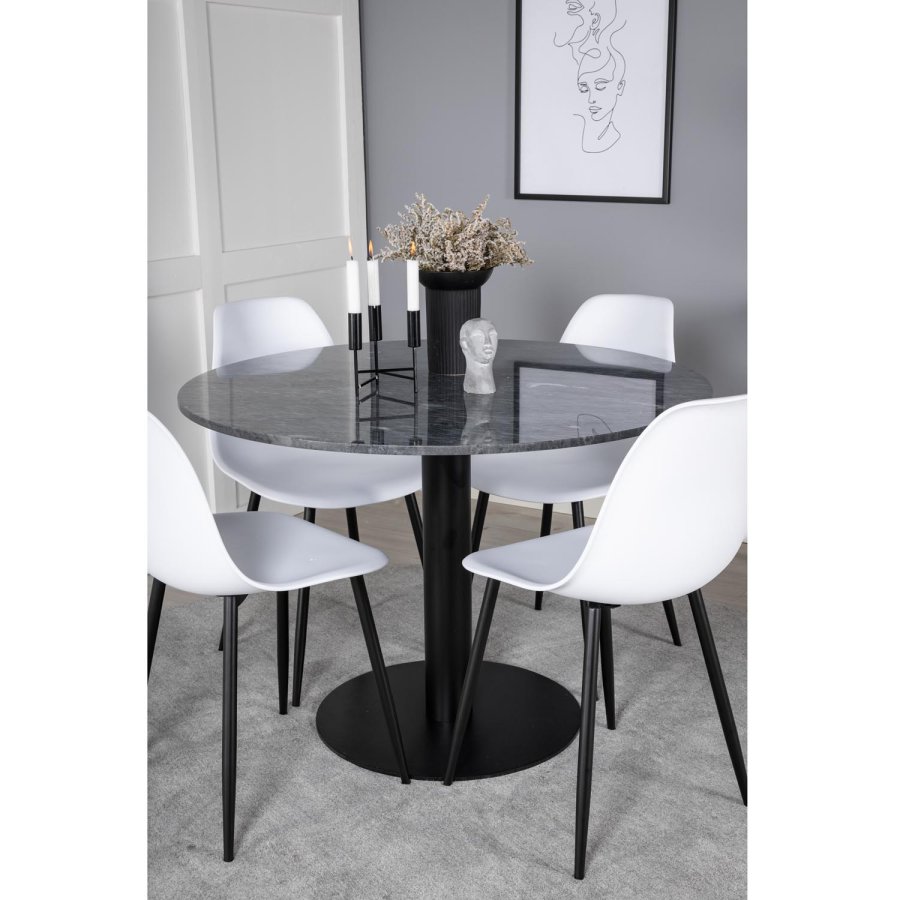 VENTURE DESIGN Estelle spisebordss�t, m. 4 stole - sort marmor/sort metal og hvid plastik/sort metal