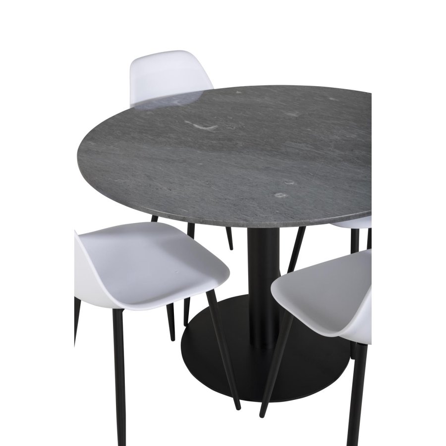 VENTURE DESIGN Estelle spisebordss�t, m. 4 stole - sort marmor/sort metal og hvid plastik/sort metal