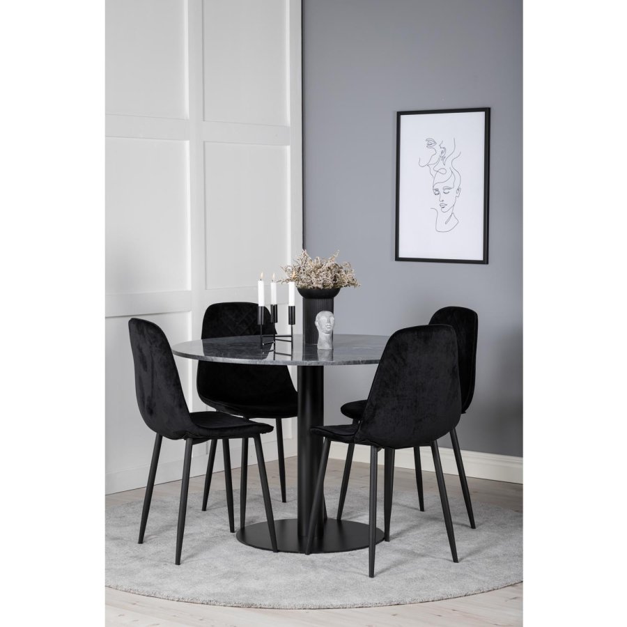 VENTURE DESIGN Estelle spisebordss�t, m. 4 stole - sort marmor/sort metal og sort fl�jl/sort metal