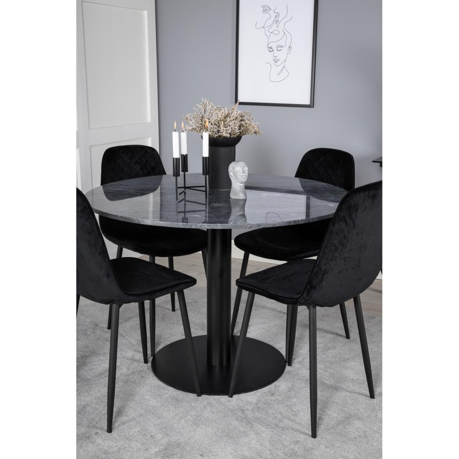VENTURE DESIGN Estelle spisebordss�t, m. 4 stole - sort marmor/sort metal og sort fl�jl/sort metal