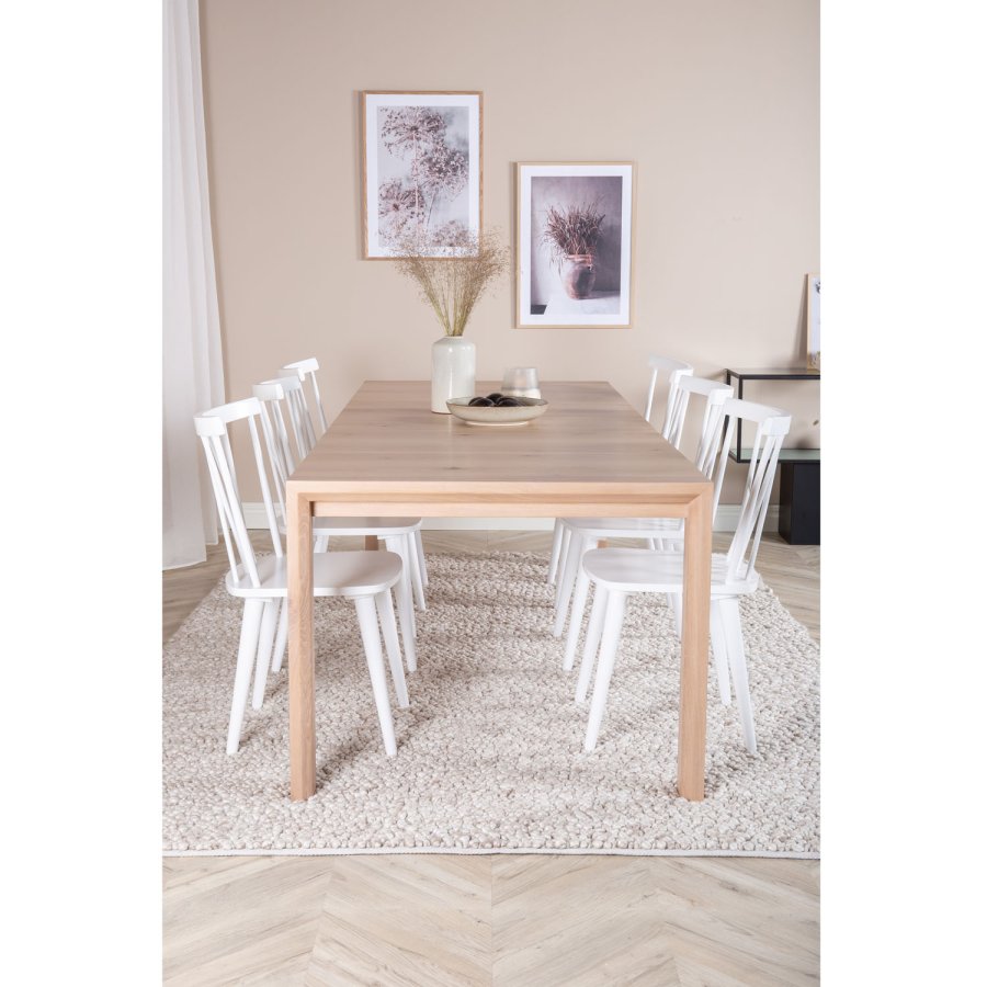 VENTURE DESIGN Slider spisebordsett, m. 6 stoler - hvitkalket eikefiner/eik og hvit gummitre