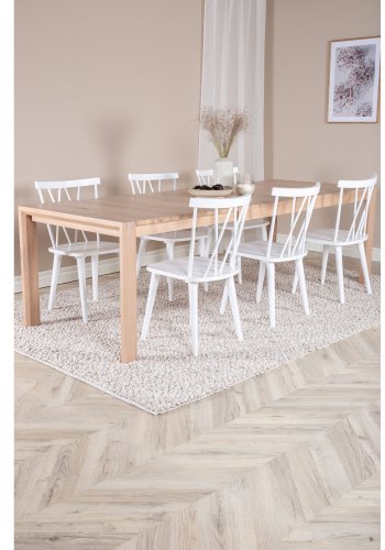 VENTURE DESIGN Slider spisebordsett, m. 6 stoler - hvitkalket eikefiner/eik og hvit gummitre