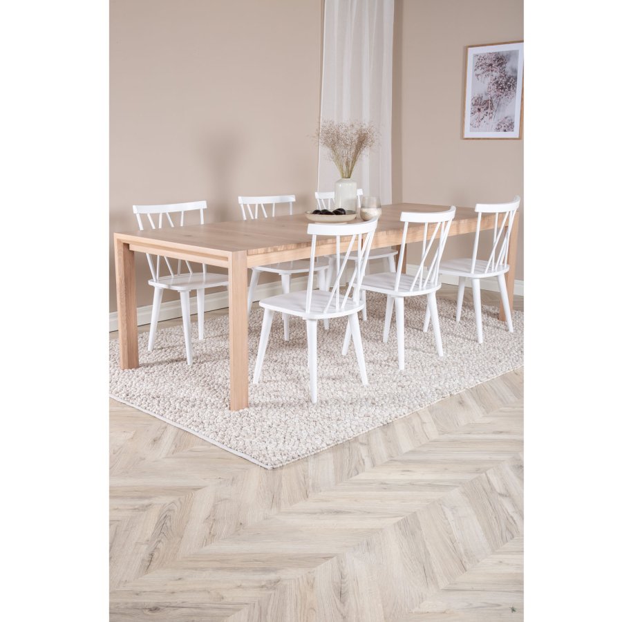 VENTURE DESIGN Slider spisebordsett, m. 6 stoler - hvitkalket eikefiner/eik og hvit gummitre