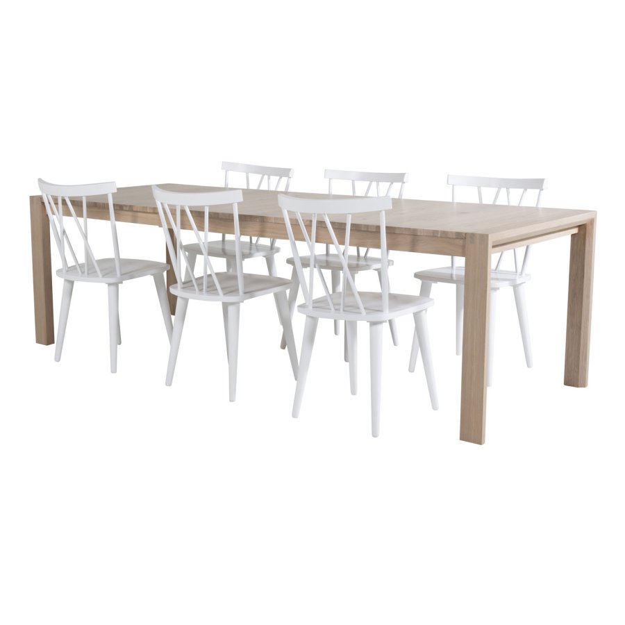 VENTURE DESIGN Slider spisebordsett, m. 6 stoler - hvitkalket eikefiner/eik og hvit gummitre