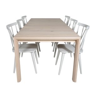 VENTURE DESIGN Slider Matbordsset, med 6 Stolar - Vittvättad Ekfanér / Ek och Grtt Gummiträ