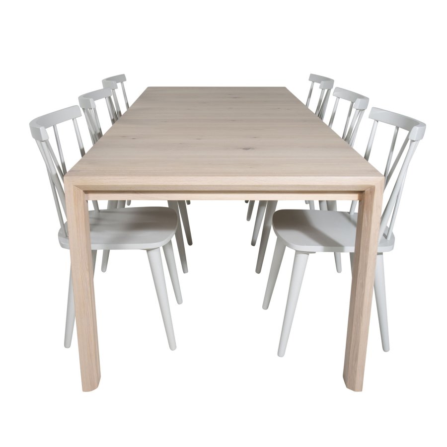 VENTURE DESIGN Slider spisebordsett, m. 6 stoler - hvitkalket eikefiner/eik og gr gummitre