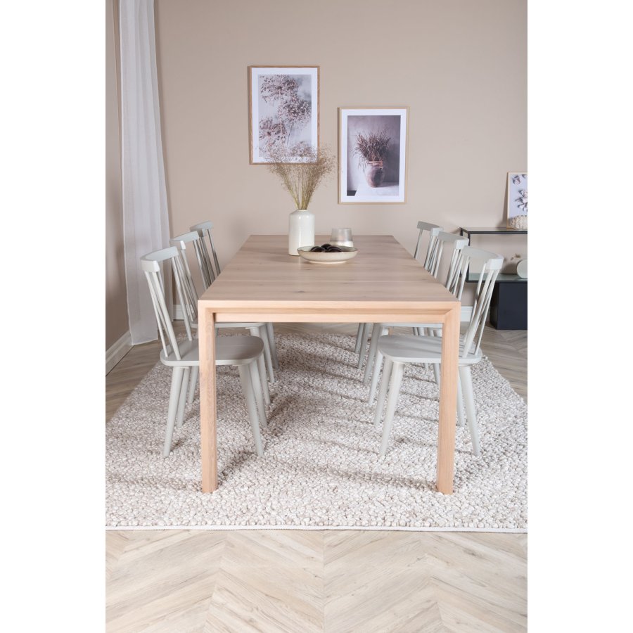 VENTURE DESIGN Slider spisebordsett, m. 6 stoler - hvitkalket eikefiner/eik og gr gummitre