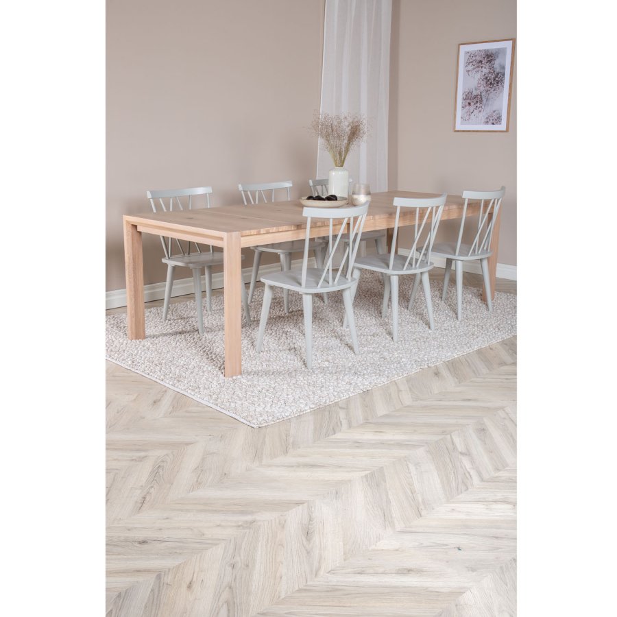 VENTURE DESIGN Slider spisebordsett, m. 6 stoler - hvitkalket eikefiner/eik og gr gummitre