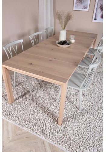 VENTURE DESIGN Slider spisebordsett, m. 6 stoler - hvitkalket eikefiner/eik og gr gummitre