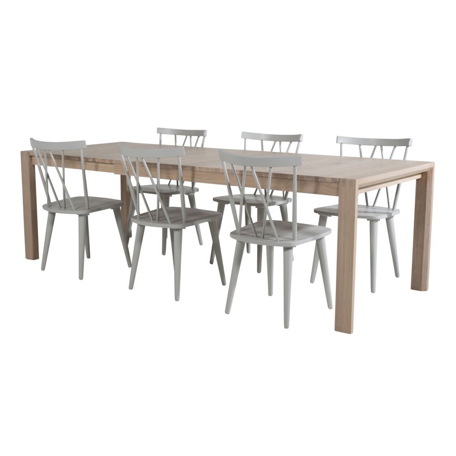 VENTURE DESIGN Slider spisebordsett, m. 6 stoler - hvitkalket eikefiner/eik og gr gummitre