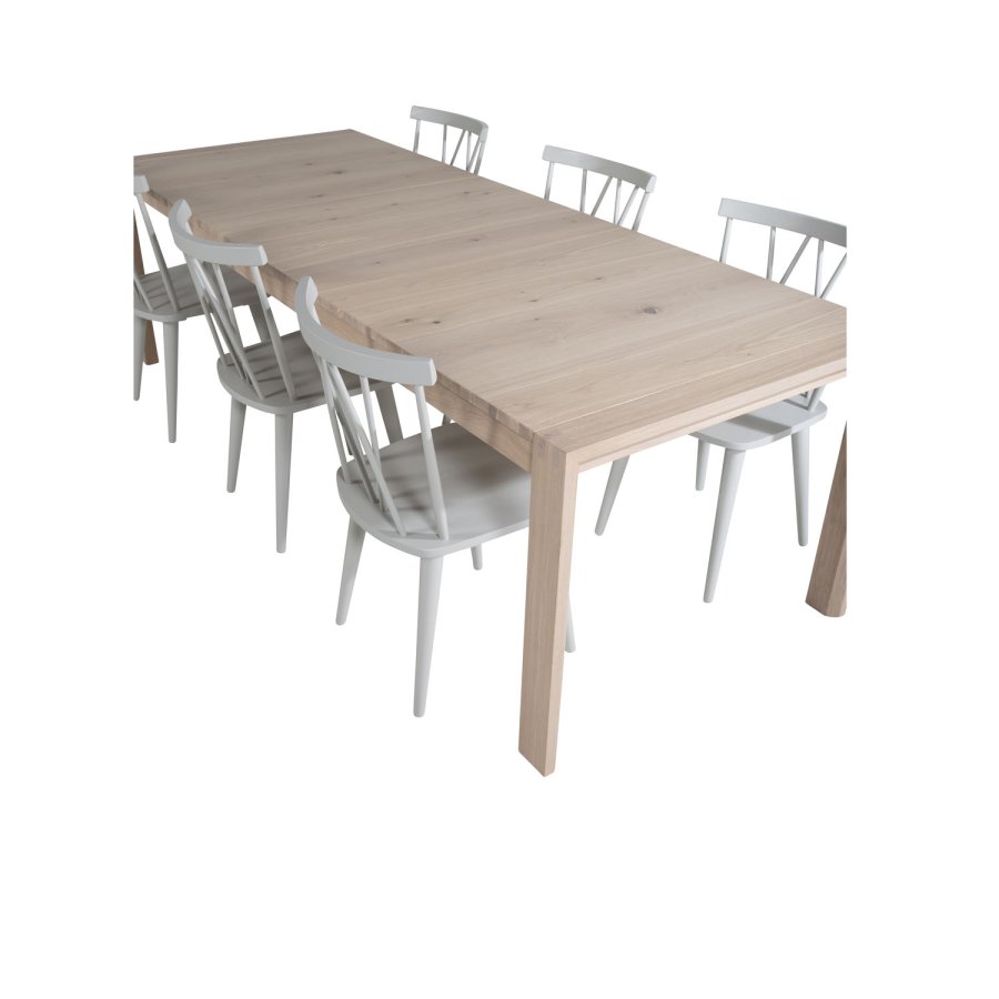 VENTURE DESIGN Slider spisebordsett, m. 6 stoler - hvitkalket eikefiner/eik og gr gummitre
