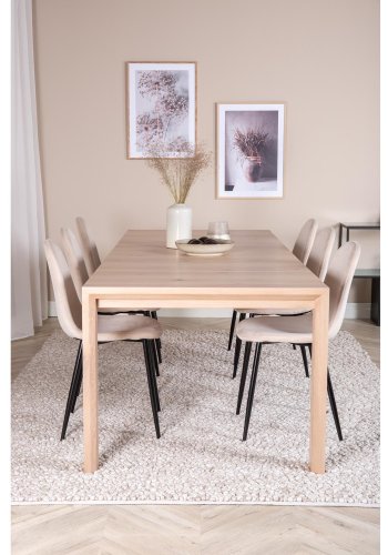 VENTURE DESIGN Slider spisebordsett, m. 6 stoler - hvitkalket eikefiner/eik og beige stoff/svart metall