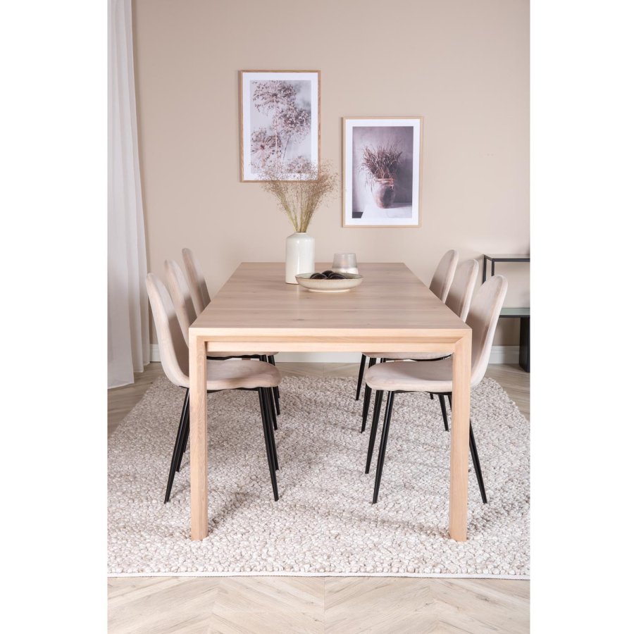 VENTURE DESIGN Slider spisebordsett, m. 6 stoler - hvitkalket eikefiner/eik og beige stoff/svart metall