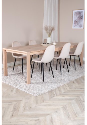 VENTURE DESIGN Slider spisebordsett, m. 6 stoler - hvitkalket eikefiner/eik og beige stoff/svart metall
