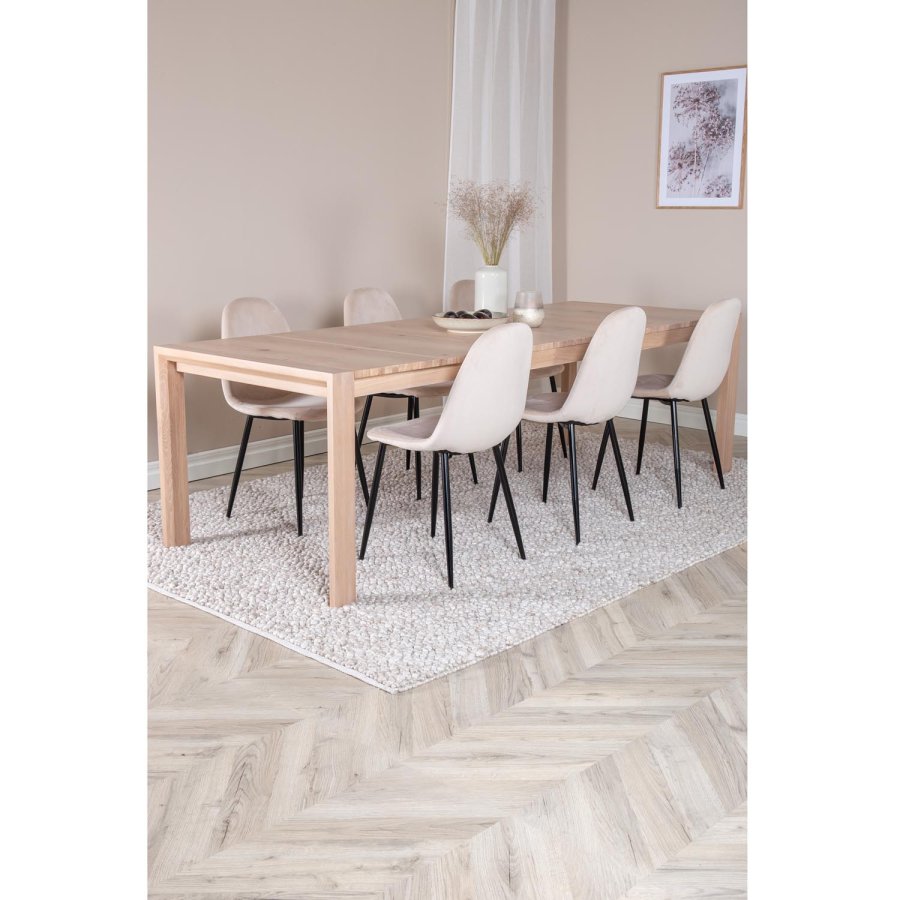 VENTURE DESIGN Slider spisebordsett, m. 6 stoler - hvitkalket eikefiner/eik og beige stoff/svart metall