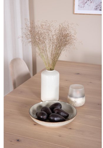 VENTURE DESIGN Slider spisebordsett, m. 6 stoler - hvitkalket eikefiner/eik og beige stoff/svart metall