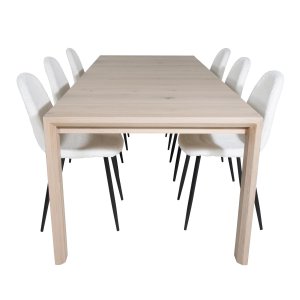VENTURE DESIGN Slider Matbordsset, med 6 Stolar - Vittvättad Ekfanér / Ek och Vit Plysch Polyester / Svart Metall