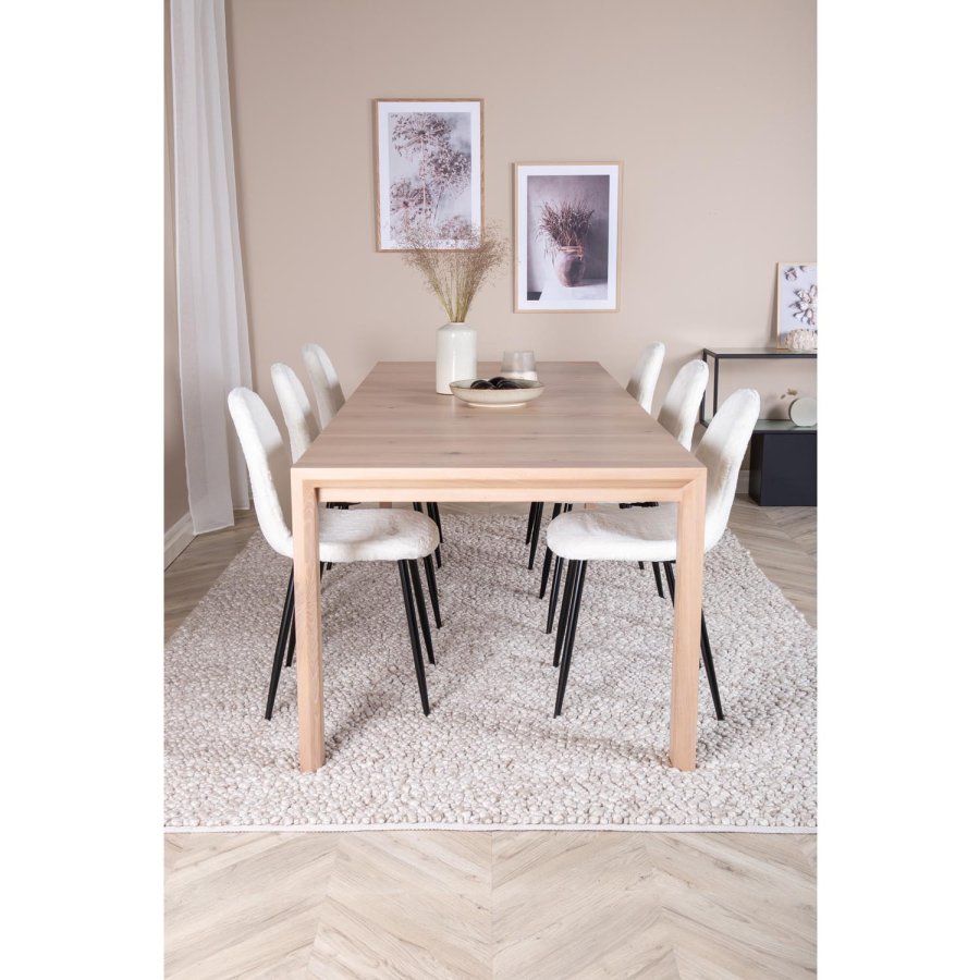 VENTURE DESIGN Slider spisebordsett, m. 6 stoler - hvitkalket eikefiner/eik og hvit teddy/svart metall