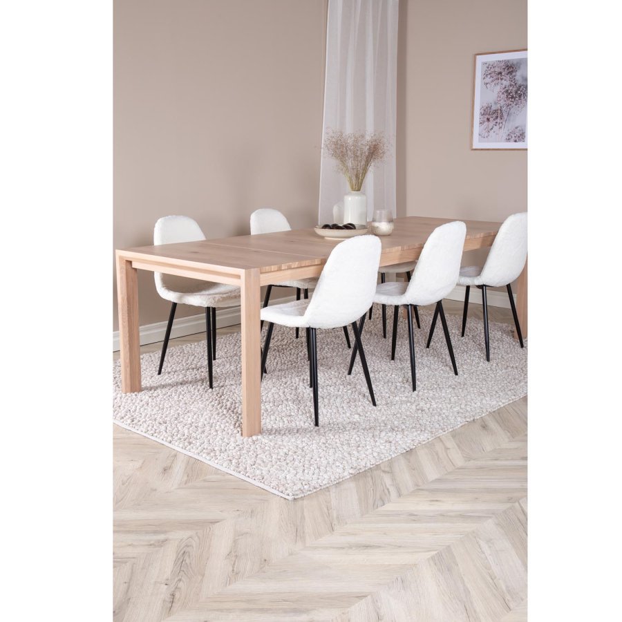 VENTURE DESIGN Slider spisebordsett, m. 6 stoler - hvitkalket eikefiner/eik og hvit teddy/svart metall