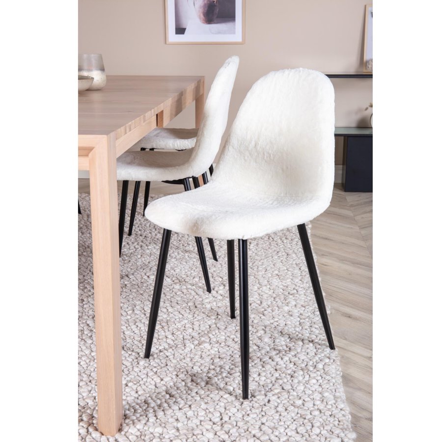 VENTURE DESIGN Slider spisebordsett, m. 6 stoler - hvitkalket eikefiner/eik og hvit teddy/svart metall