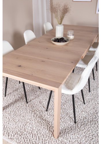 VENTURE DESIGN Slider spisebordsett, m. 6 stoler - hvitkalket eikefiner/eik og hvit teddy/svart metall