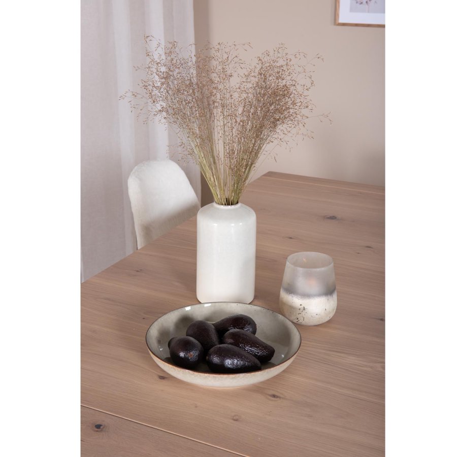 VENTURE DESIGN Slider spisebordsett, m. 6 stoler - hvitkalket eikefiner/eik og hvit teddy/svart metall