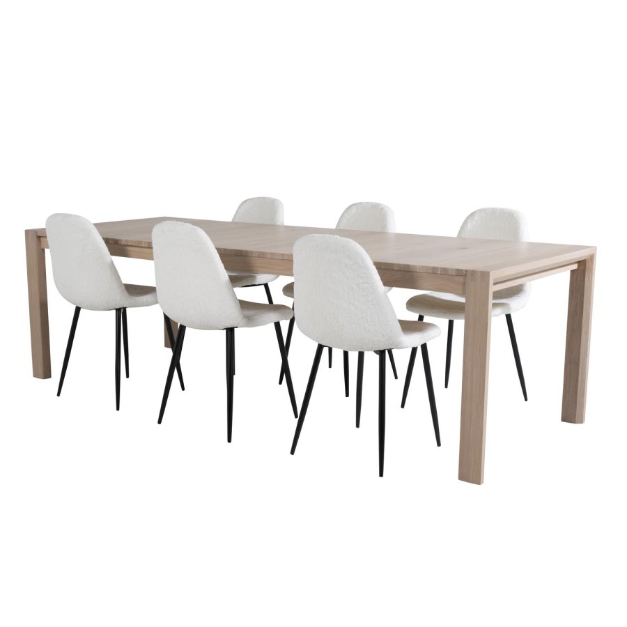VENTURE DESIGN Slider spisebordsett, m. 6 stoler - hvitkalket eikefiner/eik og hvit teddy/svart metall