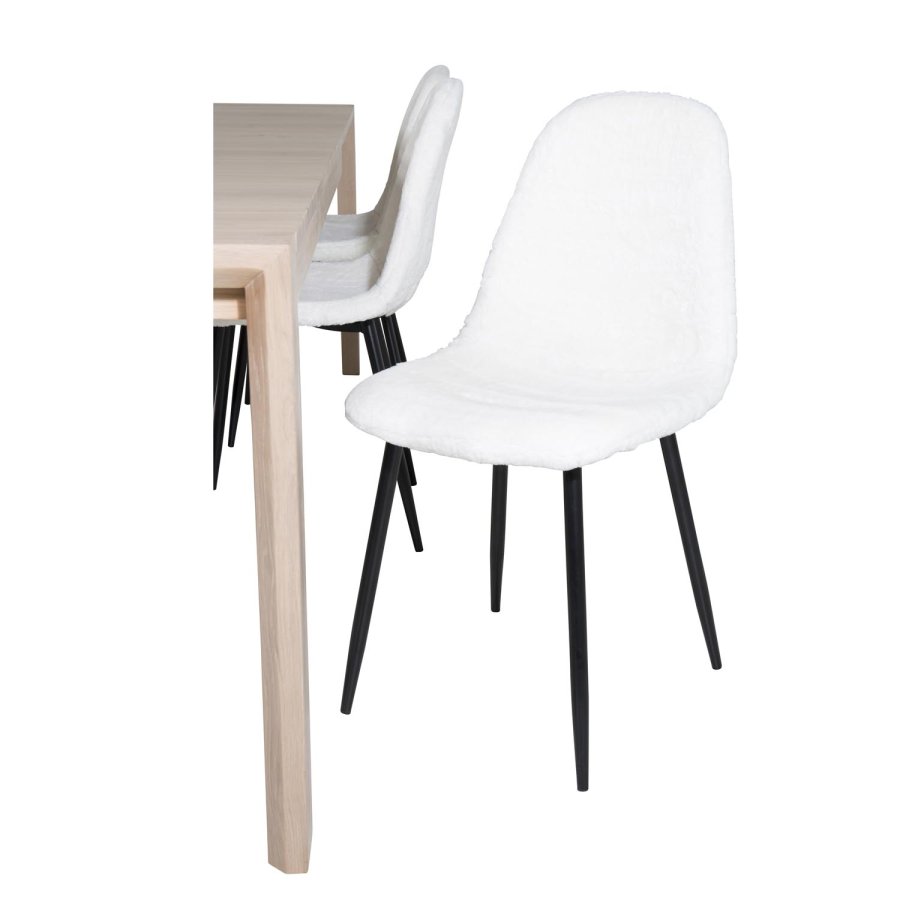 VENTURE DESIGN Slider spisebordsett, m. 6 stoler - hvitkalket eikefiner/eik og hvit teddy/svart metall