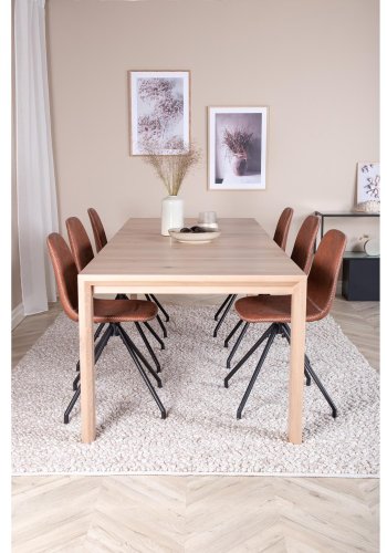 VENTURE DESIGN Slider spisebordsett, m. 6 stoler - hvitkalket eikefiner/eik og brunt PU/svart metall
