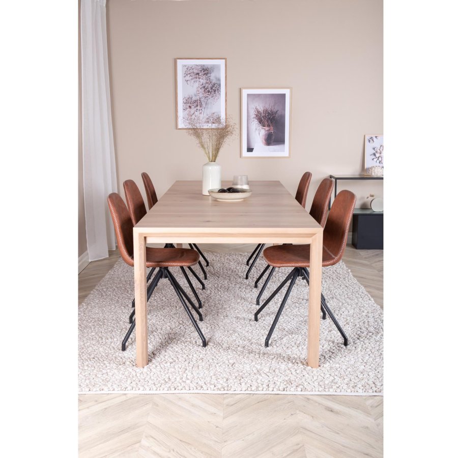 VENTURE DESIGN Slider spisebordsett, m. 6 stoler - hvitkalket eikefiner/eik og brunt PU/svart metall
