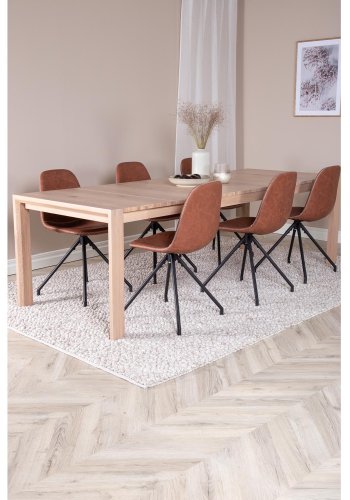 VENTURE DESIGN Slider spisebordsett, m. 6 stoler - hvitkalket eikefiner/eik og brunt PU/svart metall