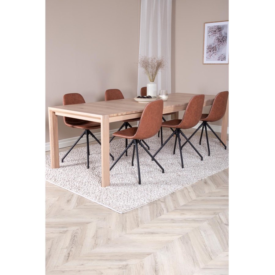 VENTURE DESIGN Slider spisebordsett, m. 6 stoler - hvitkalket eikefiner/eik og brunt PU/svart metall