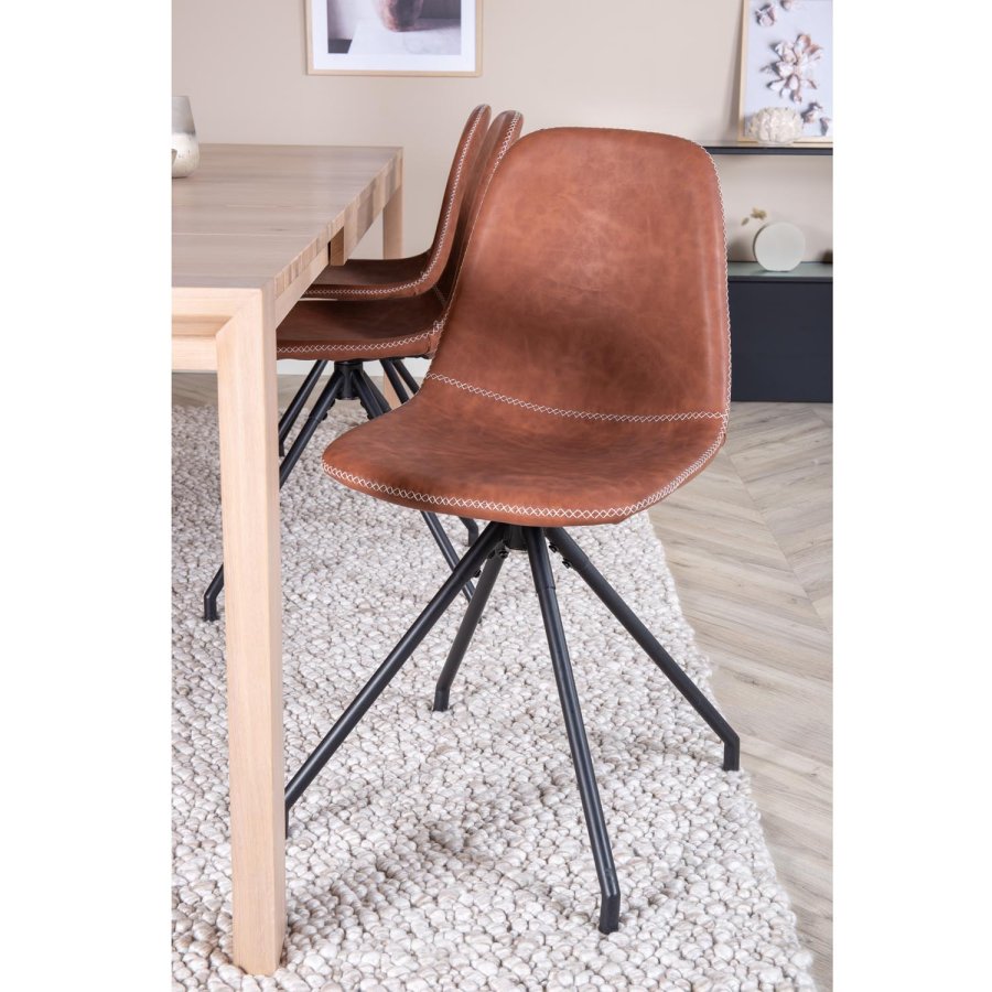 VENTURE DESIGN Slider spisebordsett, m. 6 stoler - hvitkalket eikefiner/eik og brunt PU/svart metall