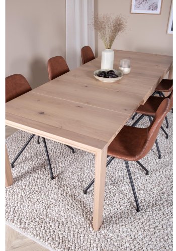 VENTURE DESIGN Slider spisebordsett, m. 6 stoler - hvitkalket eikefiner/eik og brunt PU/svart metall