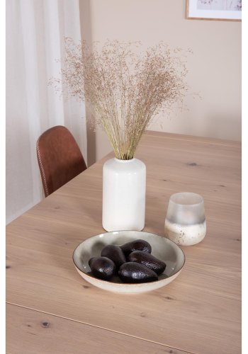 VENTURE DESIGN Slider spisebordsett, m. 6 stoler - hvitkalket eikefiner/eik og brunt PU/svart metall