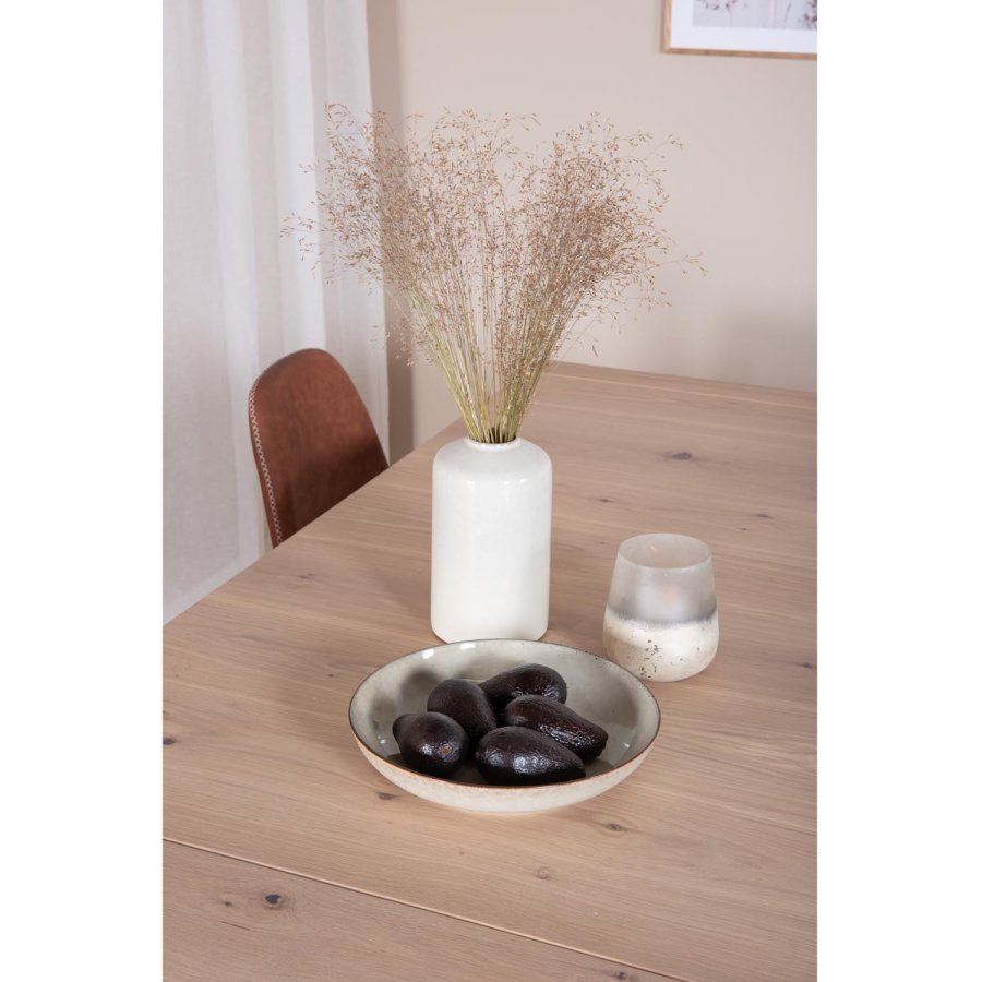 VENTURE DESIGN Slider spisebordsett, m. 6 stoler - hvitkalket eikefiner/eik og brunt PU/svart metall