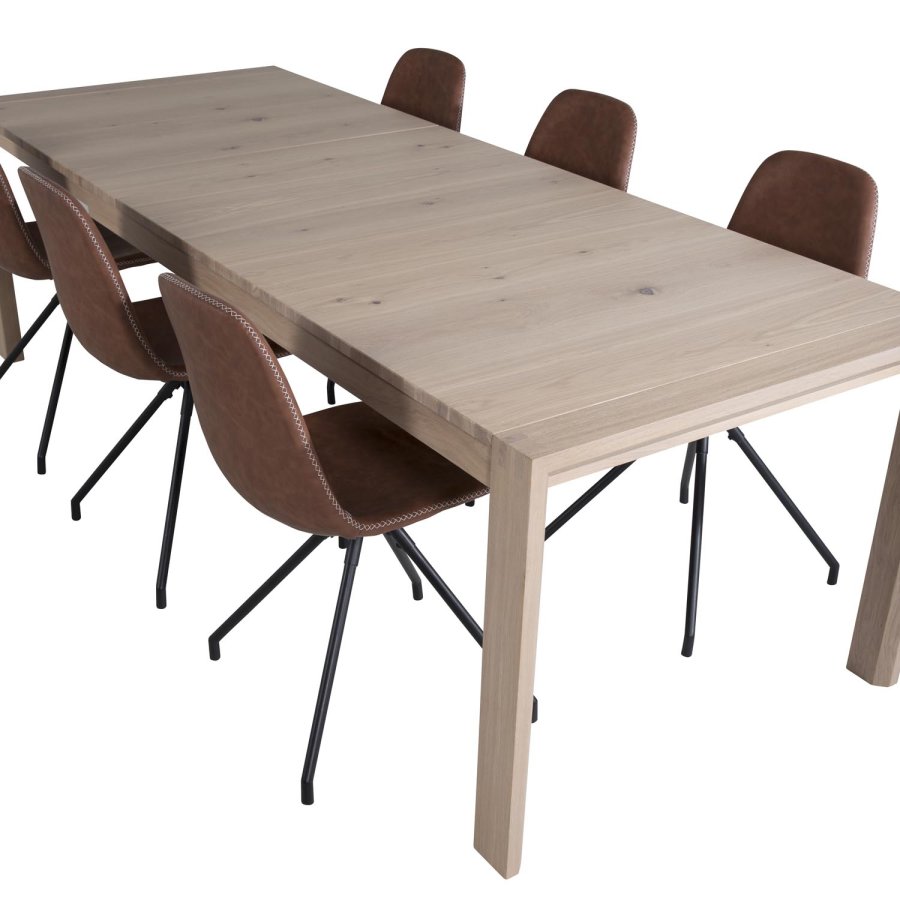 VENTURE DESIGN Slider spisebordsett, m. 6 stoler - hvitkalket eikefiner/eik og brunt PU/svart metall