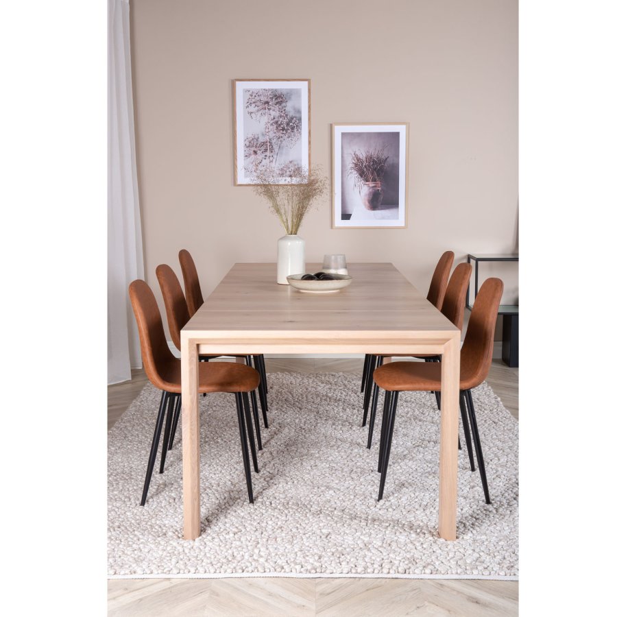 VENTURE DESIGN Slider spisebordsett, m. 6 stoler - hvitkalket eikefiner/eik og brunt PU/svart metall