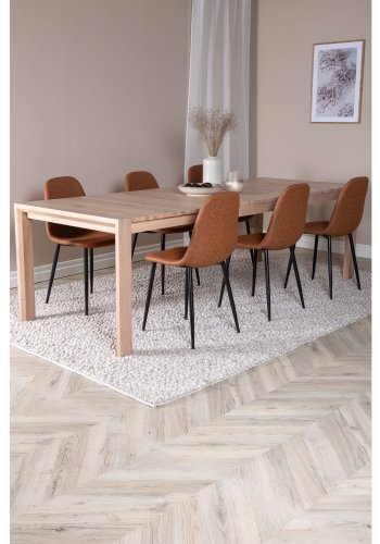 VENTURE DESIGN Slider spisebordsett, m. 6 stoler - hvitkalket eikefiner/eik og brunt PU/svart metall