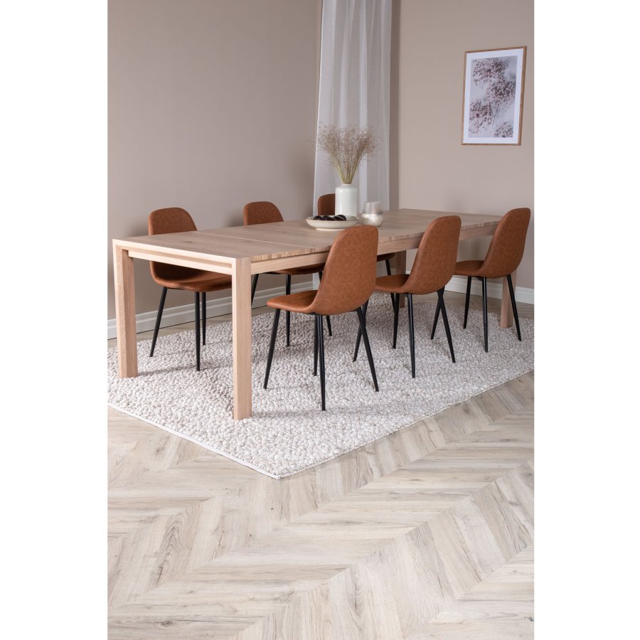 VENTURE DESIGN Slider spisebordsett, m. 6 stoler - hvitkalket eikefiner/eik og brunt PU/svart metall
