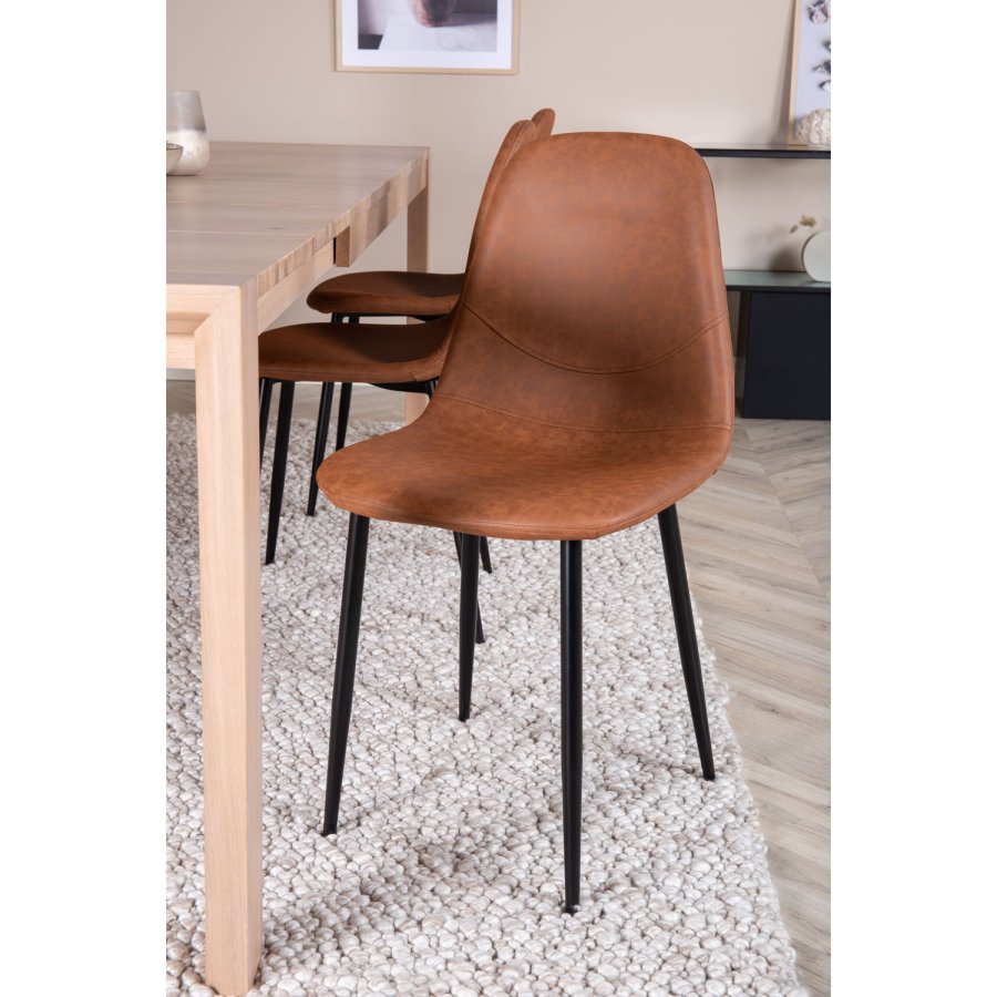 VENTURE DESIGN Slider spisebordsett, m. 6 stoler - hvitkalket eikefiner/eik og brunt PU/svart metall