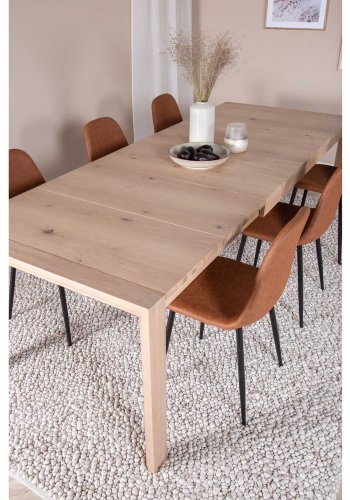VENTURE DESIGN Slider spisebordsett, m. 6 stoler - hvitkalket eikefiner/eik og brunt PU/svart metall